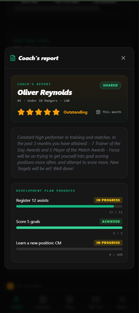 CheersGaffer coach's report showing a player rating and development plan progress bars