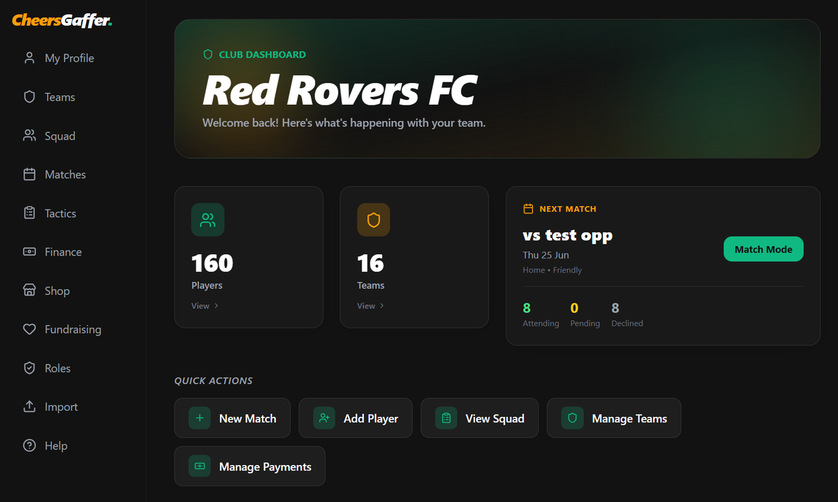 CheersGaffer club dashboard showing players, teams, an upcoming fixture and quick actions