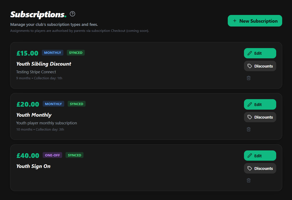 CheersGaffer subscriptions screen showing monthly and one-off club fees synced to Stripe