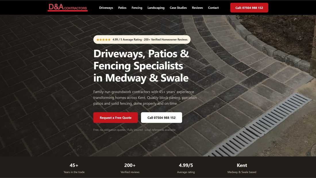The D&A Contractors homepage, showing its driveways, patios and fencing work