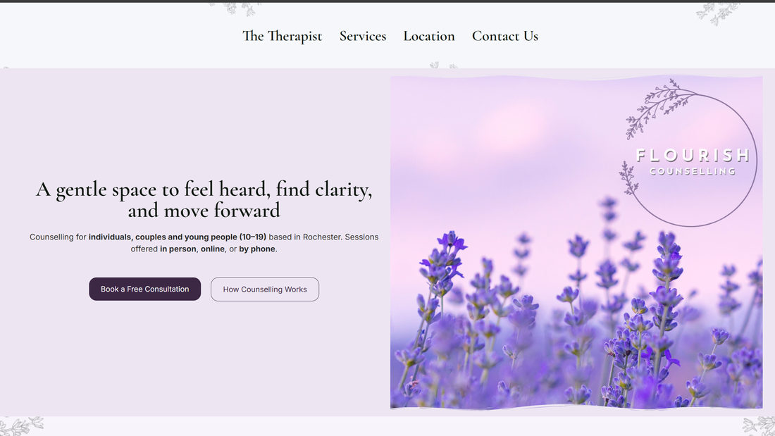 The Flourish Counselling homepage, with its lavender palette and calm typography